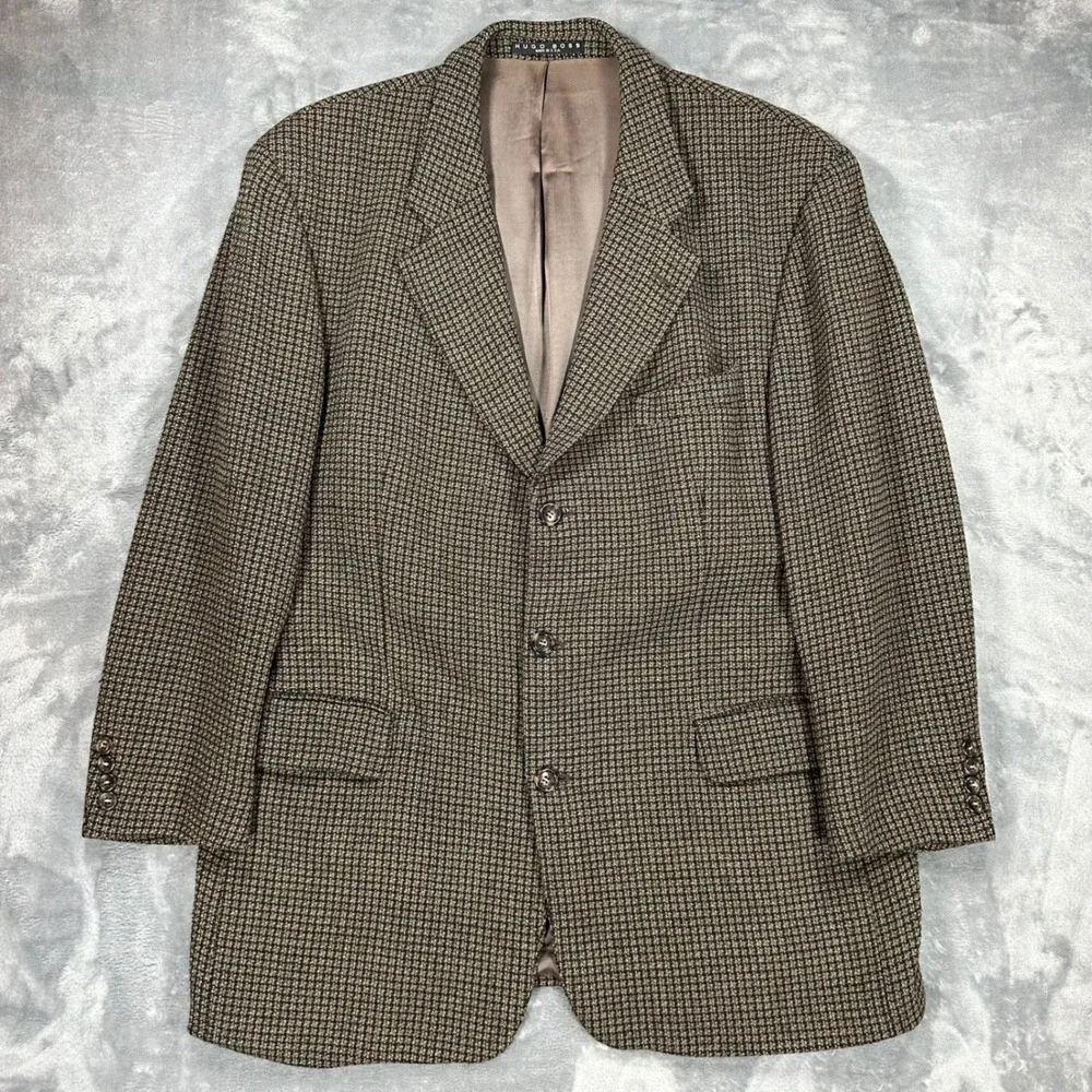 Hugo Boss Poseidon Blazer Mens 46R Brown Green Wool Micro Check Sport Coat